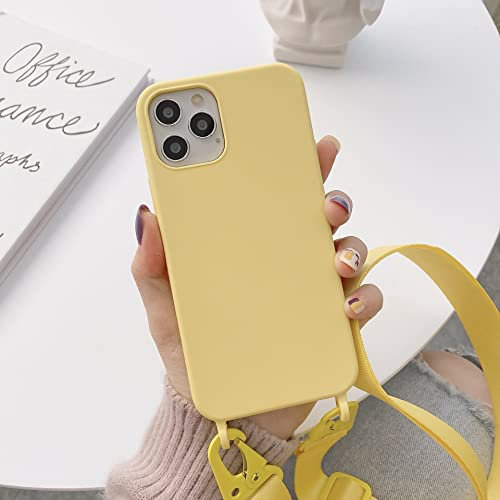Bakicey Liquid Silikon Handykette Hülle für iPhone 12 Pro, Verstellbarer Halskette Silikon Handyhülle mit Stylische Band Kordel zum Umhängen Schutzhülle Case Cover für iPhone 12, Gelb