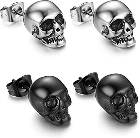 2 Paar Totenkopf Piercing Ohr Herren Ohrringe Schädel Ohrstecker Edelstahl Hip Hop Punk Jazz Ohr Schmuck Punk Edelstahl Ohrstecker Totenkopf Ohrringe Rock Ohrstecker für Männer Silber Schwarz
