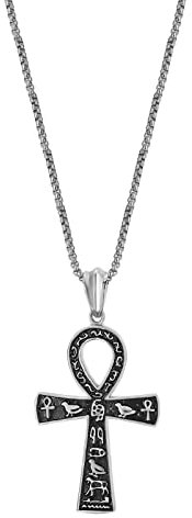 JewelryWe Schmuck Retro Halskette Herren Ägyptische Hieroglyphen Ankh Kreuz Edelstahl Anhänger mit 22 Zoll Kette Weizenkette Silber