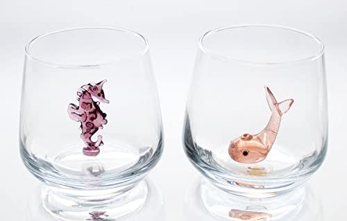 3D Trinkglasbecher mit niedlicher Tierfigur innen, mundgeblasene Glasfiguren im Inneren, stielloses Glas für Wein, Wasser, Milch, Getränke, 340 ml (Seepferdchen & Wal)