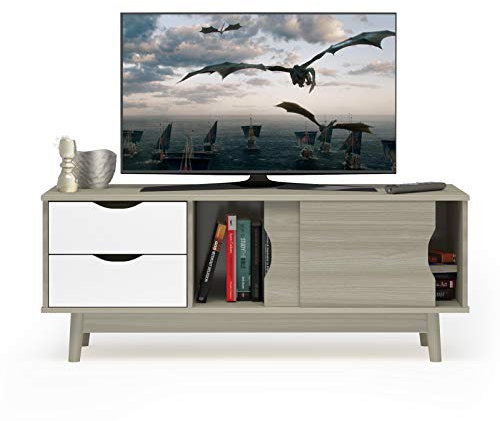 COSTWAY TV-Schrank, Lowboard für Fernseher bis zu 60 Zoll, Fernsehtisch mit 2 Schubladen & 2 Schiebetüren, Fernsehschrank TV-Regal für Wohnzimmer Schlafzimmer, 120 x 45 x 45cm (Eiche)