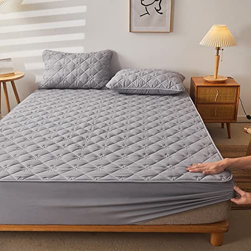 ONURTH Spannbetttuch mit Anti-Rutsch Rundumgummi 200 x 200cm,einfarbige Baumwolle, dick gestepptes Spannbettlaken, rutschfeste Matratzenschoner-Bettlaken für Schlafzimmer Hotel hellgrau