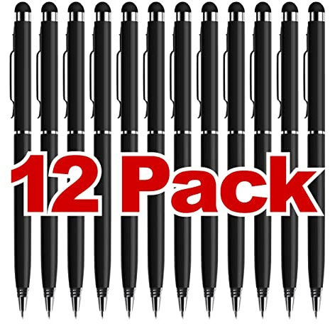 Laptop Pen Touch Screen Stylus 2 in 1 Tablet & with Ballpoint Ink Writing Pens Compatible with iPad iPhone Kindle Fire Samsung Galaxy Android 12 PACK (Black Pens with Black Ink)