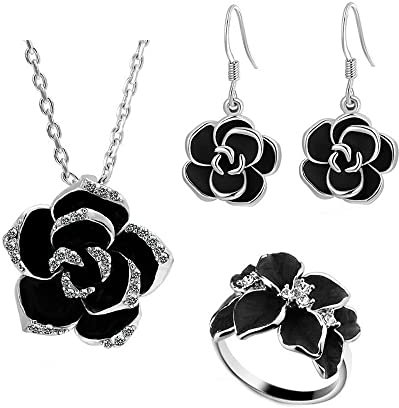 TOEECY Rose Schmuckset für Damen und Mädchen Kamelie Blume Anhänger Halskette Ohrringe und Einstellbar Ringe Set Emaille Zirkonia Schmuck Set für Hochzeit Braut (Silber)
