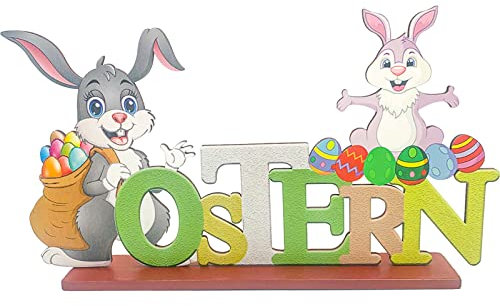 KEELYY Deko Aufsteller für Ostern, Osterdeko Holz, Ostern Schriftzug Aufsteller, Oster Schriftzug mit Hase, Osterdeko zum Hinstellen für Tisch - 1 Stück
