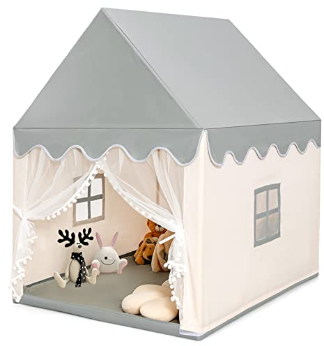 GOPLUS Spielhaus Kinder Indoor, Kinderzelt mit gepolsterter Matte, 2 Fenster, Vorhänge, Hausform Spielzelt für Kleinkinder, Zelt Kinderzimmer mit Holzrahmen für Kinder ab 3 Jahren (Grau+Beige)
