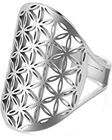 kkjoy Edelstahl Durchbrochener Ring mit Blume des Lebens verstellbar offener Fingerring Versprechenring Schmuck Geschenk für Frauen