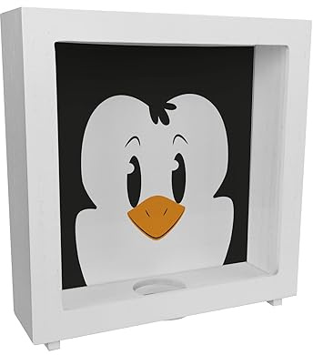 Rahmen Spardose aus Holz aus Keramik mit niedlichem Pinguin-Gesicht - für kleine Kinder eine lustige Geschenkidee für Deine Kinder um Ihr Taschengeld in einem besonderen