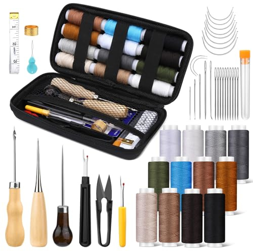 Kit couture cuir outils de maroquinerie, 48 pièces kit de couture manuel | pour cuir avec aiguille fil de rembourrage, poinçon à coudre, découseur pour réparation bricolage