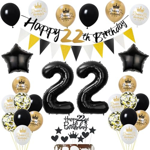Luftballons 22 Geburtstag Deko Mann Frauen, Banner 22 Geburtstag Girlande Deko 22. Geburtstag Frau Tortendeko 22. Geburtstag Mann Schwarz Gold Geburtstagsdeko 22 jahre Mann Frau Ballons
