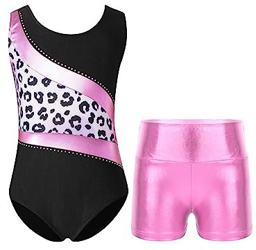 TTAO Gymnastikanzug Kinder Mädchen Ärmellos Turnanzug Trikotanzug Tanz Gymnastik Training Dancewear Gymnastikbody mit Haarband und Shorts Leopard H 122-128