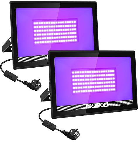 T-SUN 100W UV Schwarzlicht, 2 Stück 144 LEDs Schwarzlicht Strahler mit EU Stecker, IP66 Wasserdicht Schwarzlichtlampe für Halloween Konzert Party Band Leistung Malerei Disco Aquarium