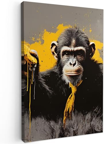 MuchoWow© Bilder 60x90 cm Wohnzimmer Deko Modern Wandbild Foto auf Leinwand Bild Schlafzimmer Room Decor Geschenke Banksy - Street Pop Art - Affe - Schimpanse - Banane - Tiere - Krawatte
