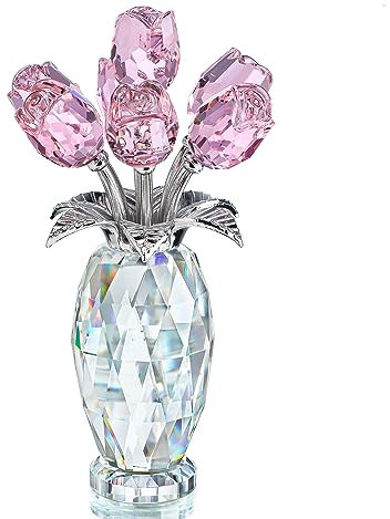 H&D HYALINE & DORA Bouquet de roses en cristal rose, fait à la main, cadeau pour maman, cadeau pour femme, décoration de collection de fleurs en verre, décoration de table de mariage