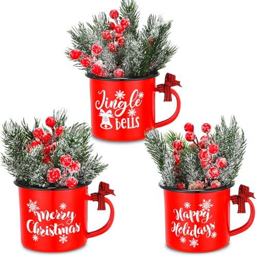 Hushee 3 Stück Weihnachtstassen mit künstlichen Picks und kariertem Band, Weihnachten, Mini-Kaffeetasse, rote Emaille-Tasse, Weihnachtsmann-Teetassen für Weihnachten, Tischaufsätze, abgestuftes