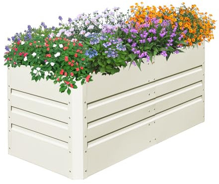 SnugNiture Hochbeet, verzinkt, für den Außenbereich, tiefe Wurzelpflanzen, Hochbeet für Gemüse, Blumen, Kräuter, Beige, Weiß, 10 x 60 cm