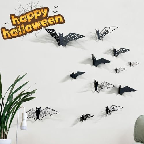Surwin Halloween 3D Fledermaus Deko Wandaufkleber, Schwarze Abnehmbares Fledermaus DIY Halloween Party Deko Set in 3 Verschiedenen Größen, Fledermaus Fensterdeko Wanddeko (Schwarz,36 Stücks)