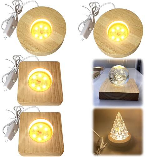 4 Stück Holz LED Lichtsockel, Led Ständer Display-Basis DIY Led Holzsockel Platte für Glasblock Beleuchtete Led-sockel aus Holz mit USB, Led Sockel für Display Kristall Glas Acryl Harz Schmuck