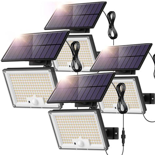 SIGRILL Solarlampen für Außen mit Bewegungsmelder 172LED Solarleuchten Aussen, Solar Strahler IP65 Wasserdichte Solar Außenwandleuchte, Solarlampen Gartenleuchten mit 5m Kabel (4 Stück-Kaltes Licht)