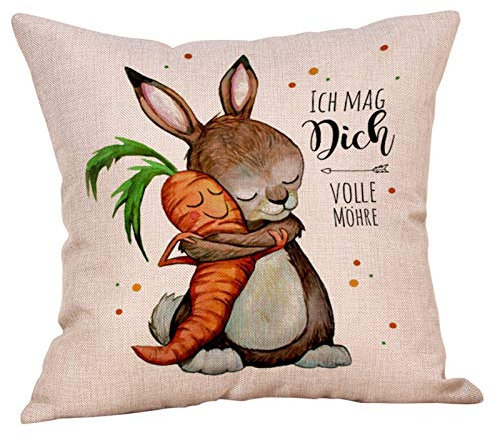 Kissenbezug Ostern, 45x45cm Hasen Karotten Kissenbezug, Kissenhülle, Zierkissen, Modern Kissenbezug Baumwolle Leinen, Ostereier Häschen, Frühling Zierkissenbezug Couch Wohnzimmer Deko (A-001)
