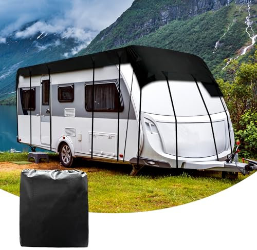 Wohnwagen Schutzhülle Wasserdicht, Universal 210D Wohnwagen Abdeckung, Atmungsaktive Wohnmobilabdeckungen Frost UV Protector Abdeckplane Wohnwagen Schutzdach mit Einziehbaren Riemen für Camper Reisen