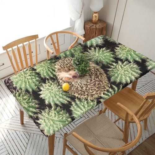 OPSREY Bedruckte Tischdecke mit Igel-Kaktus-Motiv, elastischer Rand, abwischbare Tischdecke