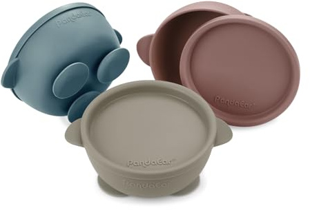 PandaEar 3 Pack Silicone Baby Suction Bowls with Lids – Leak-Proof Stay Put Toddler Feeding Set – BPA Free, Non-Toxic First Stage Weaning Bowls (Blue, Brown, Brick Red)