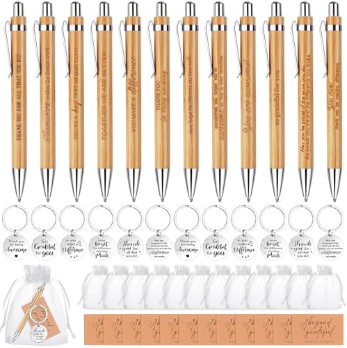 48 Pcs Employee Appreciation Gifts Inspirational Bamboo Ballpoint Pens Motivational Quotes Pen with Organza Bags Thank You Cards Inspirational Keyring Keychains Thank You Gifts for Teacher Coworker