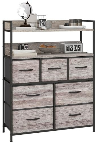 HOMCOM Bedroom Chest of Drawers, Fabric Dresser with 7 Drawers, Storage Organiser Unit with Open Shelves and Metal Frame for Living Room, Entryway, Grey Wood Effect