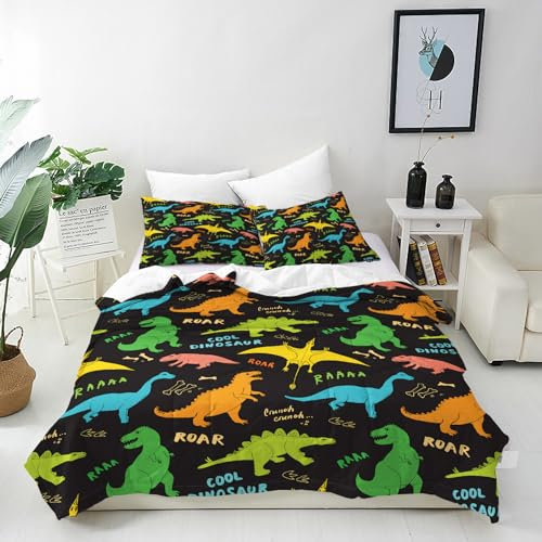 ANHOPE Dinosaurier Bettwäsche Set 3 Teilig Cartoon Tier Dino Bettbezug 155x220 cm + 2 Kissenbezug 80x80 cm Weich Microfaser Bettbezüge mit Reißverschluss Bettdeckenbezug für Kinder Jungen Mädchen