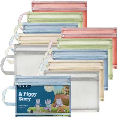 Goaste 10 Pack Mesh Zipper Pouch Bags, Double-Layer Nylon Mesh Bags with Handle, Portable Puzzle Building Block Sets Toy Storage Bags, Colored A4 Document Storage Organizer for School Office Games