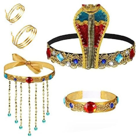 HDKEAN Ägyptische Kobras Kopfschmuck, Perlen Quasten Halskette & Armband Set - Damen Antike Ägyptische Kostüm Accessoires für Halloween & Mottopartys, 5-teiliges Set