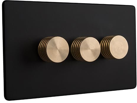 Dowsing & Reynolds Triple LED Dimmer Light Switch 3 gang 2 way 5-150W Matt Black with Brass Knobs