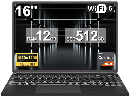 Ordenador Portátil 16 Pulgadas Celeron N5095 Up to 2.9Ghz, Portátil Win 11 con 5G WiFi 12+512GB SSD Expansión 1TB, BT 4.2 Mini Puerto Multimedia Portatiles Ventilador Refrigeración 1920*1200-Negro