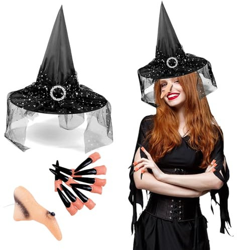 LXYYDS Chapeau de fête pour sorcière, Chapeau Sorcière noir, Chapeau de sorcière pour Halloween, Deguisement Sorciere Femme Halloween, Chapeau+Nez+Ongles, pour Halloween, Carnaval, Mascarade