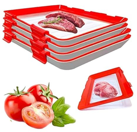 Plastic Preservation Tray 2024 New Red Vacuum Stackable Food Storage Container Creative Fresh Tray Reusable for Preservation (4PCS)