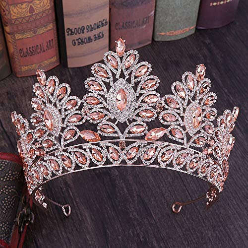 GLJTUO Haarschmuck Krone Diademe Für Frauen Mode Rose Gold Pfirsich Farbe Kristall Strass Hochzeit Haar Zubehör Königin Prinzessin Diademe Frauen Tiara Krone Kopf Schmuck,