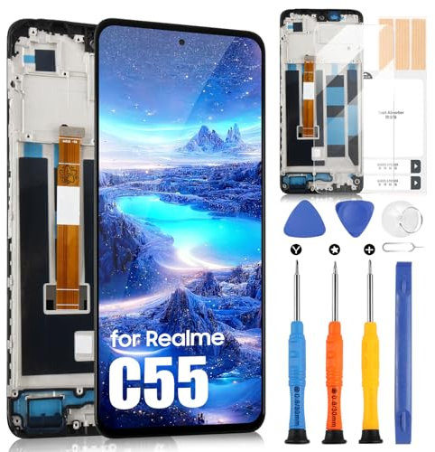 Pantalla LCD para Realme C55 Pantalla para Realme C55 RMX3710 2023 Touch Screen Digitizer Full Assembly con kit de reparación (6,72, negro con marco)