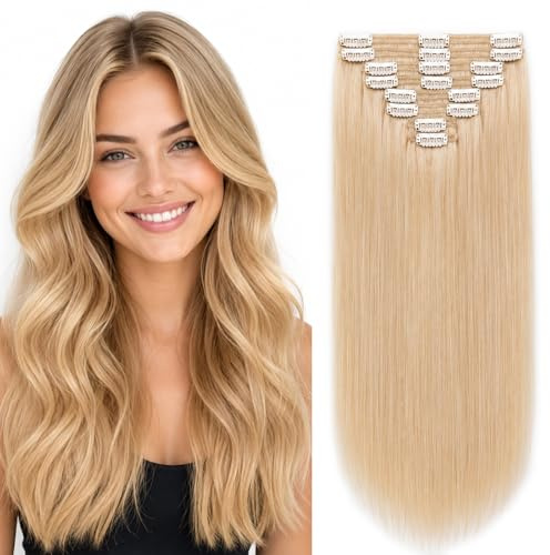 Elailite Double Weft Clip in Hair Extensions Real Human Hair Thick 8 Pieces Full Head Straight - #24 Natural Blonde - 22 Inch (160 g)