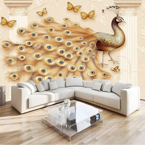 Vlies Fototapete Retro Pfau Römische Säulen - Foto Tapete Schlafzimmer Wohnzimmer Moderne Vliestapete 200 x 140 cm Wandtapete Bildtapete 3D Effekt Wand Dekoration