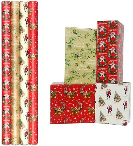 ANGIX 4 x 8M Christmas Wrapping Paper Roll - Traditional Santa Gift Wrapping Paper for Xmas, Festive Season