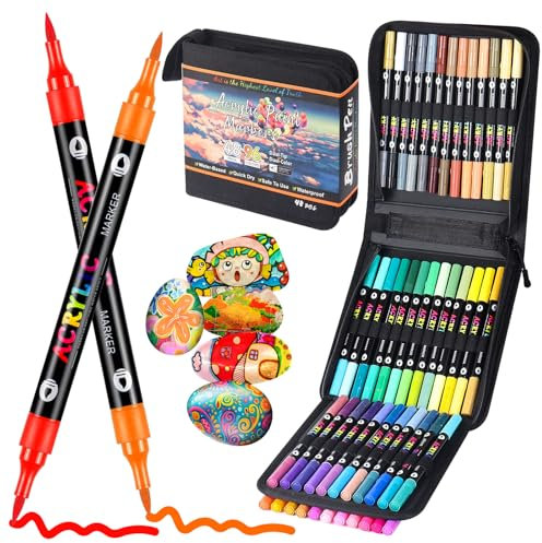 Sanyetral 96 Colors Acrylic Paint Markers, 48 Pcs Dual Brush Tip Dual Colors Acrylic Paint Pens for Wood, Canvas, Rock Painting, Glass, Ceramic, Stone Surfaces,DIY Crafts Making Etc