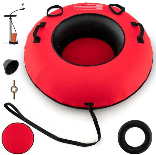 COSTWAY Luge Bouée Gonflable en Caoutchouc de 100 cm, Traîneau à Neige Robuste avec Fond Rigide Sangle de Remorquage Siège Rembourré Pompe de Gonflage, pour Enfants Adultes (Rouge)