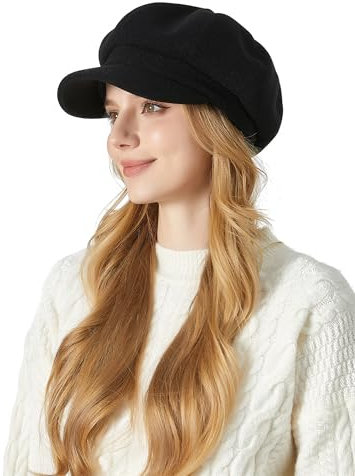 FEOYA Béret Casquette Femme Bonnet Classique Français Chapeau Hiver Newsboy Béret en Laine Dame Bonnet Décontractée Rétro Taille Unique Noir
