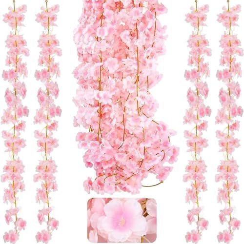 VISLANTE 4 Stück Kirschblüten Künstliche Blumen Girlande 180cm Kirschblüten Deko Blumengirlande Kunstblumen Seidenblumen Hängend Vines für Hochzeit Garten Party Wand Zimmer Dekoration (Rosa)