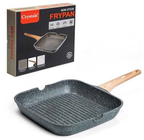 Crystals Non-Stick Classic Grill Frying Pan with Wooden Handle | Induction Frying & Griddle Pan for All Hobs | Small Frying & Steak Pan | Omelette Pan – A Griddle Non-Stick Cooking Pan (Classic Pan)