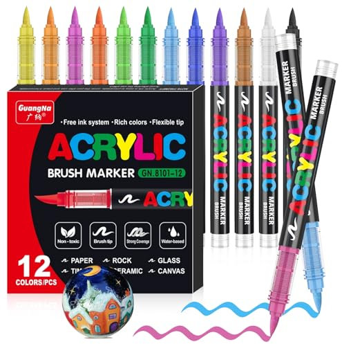 VAKKI 12 Color Acrylic Paint Pens, Acrylic Brush Markers, Paint Pens For Colouring, Stone, Calligraphy, Wood, Canvas, Glass, Ceramics