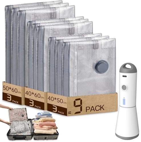 Vacbird Sac Sous Vide Vetement Aspirateur avec Pompe à Vide Sans fil Électrique, Lot de 9 (3*40x50cm, 3*40x60cm, 3*50x60cm), Sac de Rangement Sous Vide Réutilisables pour Pulls, Chemises, Voyages