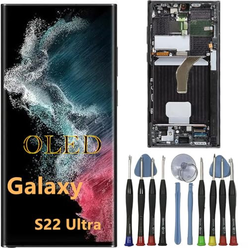 OLED Galaxy S22 Ultra Bildschirm Ersatz für Samsung S22ultra Display Touchscreen Digitizer Montage SM-S908B SM-S908B/DS LCD Unterstützung Fingerabdruck und S-Pen (Schwarzer Rahmen+Reparaturwerkzeuge)