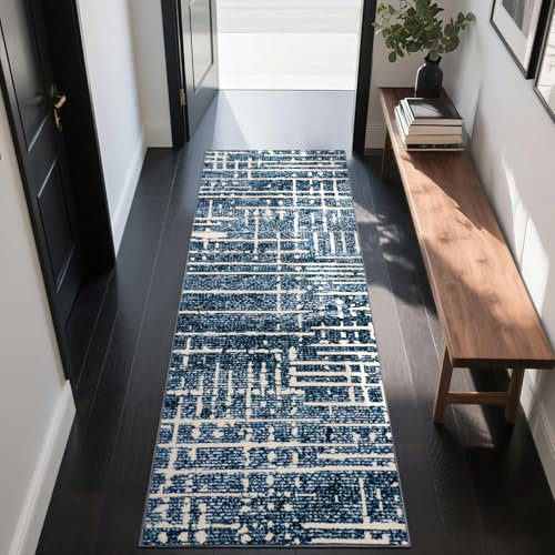 TUKDAK Abstrakter Teppich Läufer Flur 60x180cm, Blau Modern Waschbar rutschfest Küchenläufer, Kurzflor Läufer Küche, Weich Kunstwolle Teppichläufer Flurteppich Flurläufer für Schlafzimmer Wohnzimmer